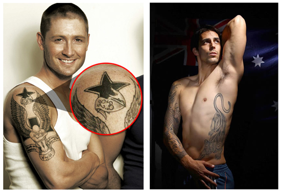 initial tattoos on back of arm. Clarke has a number of tattoos including one with the initials (LB) of an ex 